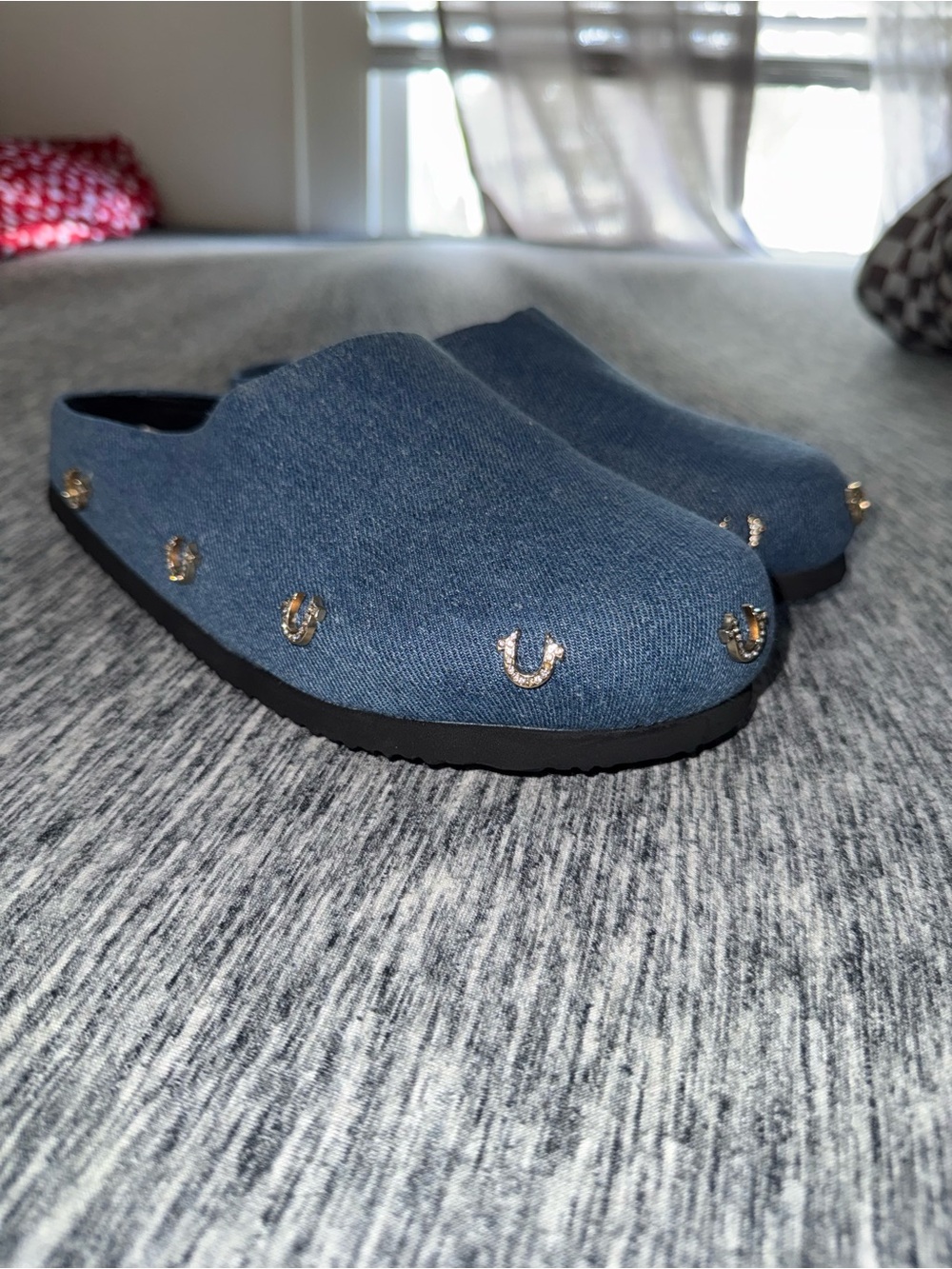 True Religion Woman’s Denim Slip-On Clog with Gold Stud Accents
